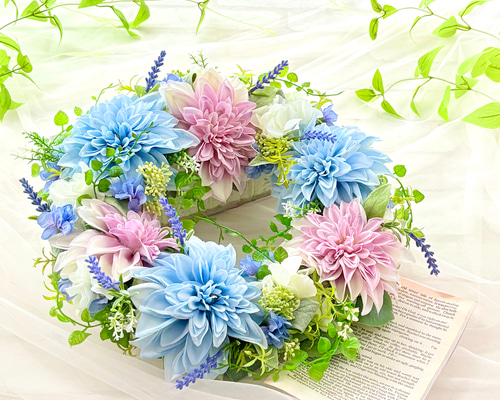 夏リース 涼しげなリース ダリア 青 造花 晴れやかブルー2025 32