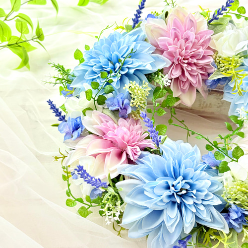 SALE】フラワーリース 夏色6 咲き誇る花たち 玄関リース 造花 ダリア