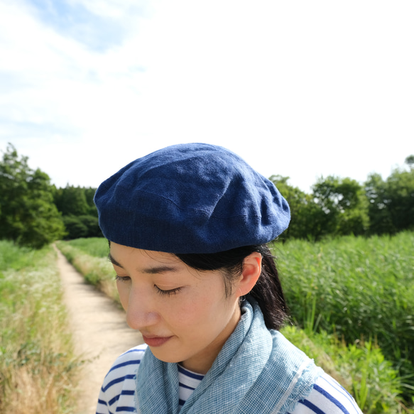 reversible linen beret houndstooth & indigo 第3張的照片