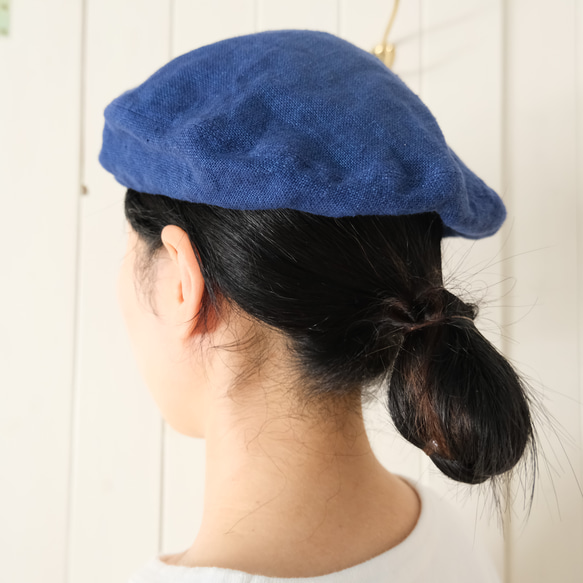 reversible linen beret houndstooth & indigo 第9張的照片