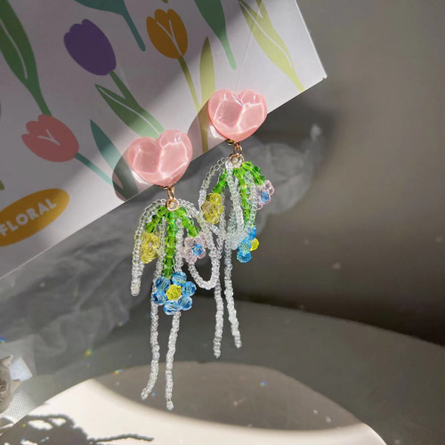 ピンク ハート 花 ビーズ ピアス イヤリング シルバー イヤーフック