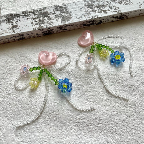 ピンク ハート 花 ビーズ ピアス イヤリング シルバー イヤーフック