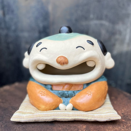 わっはっは福助さん 座布団（中）付き O-225 陶製 /Fukusuke/福助