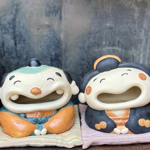 わっはっはお多福さん 座布団（中）付き O-252 陶製 /Otafuku/太福