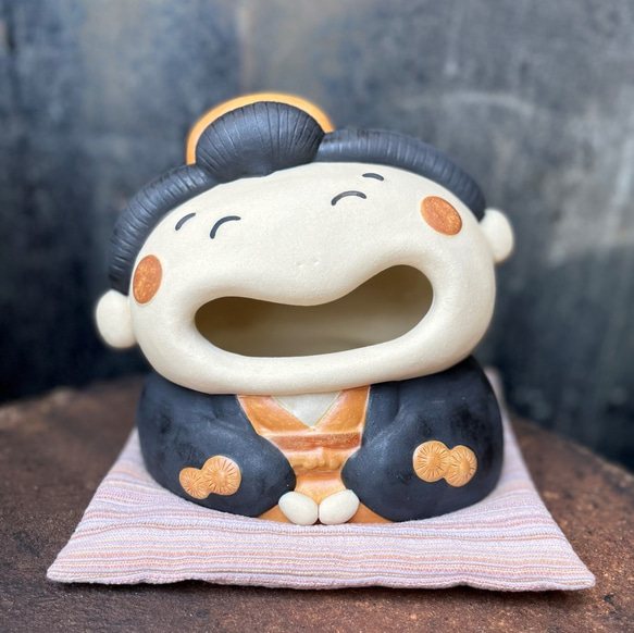 わっはっはお多福さん 座布団（中）付き O-252 陶製 /Otafuku/太福