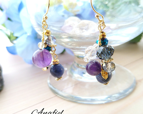 一点物 個性的、紫✕青のピアス、イヤリング交換可能、天然石ピアス