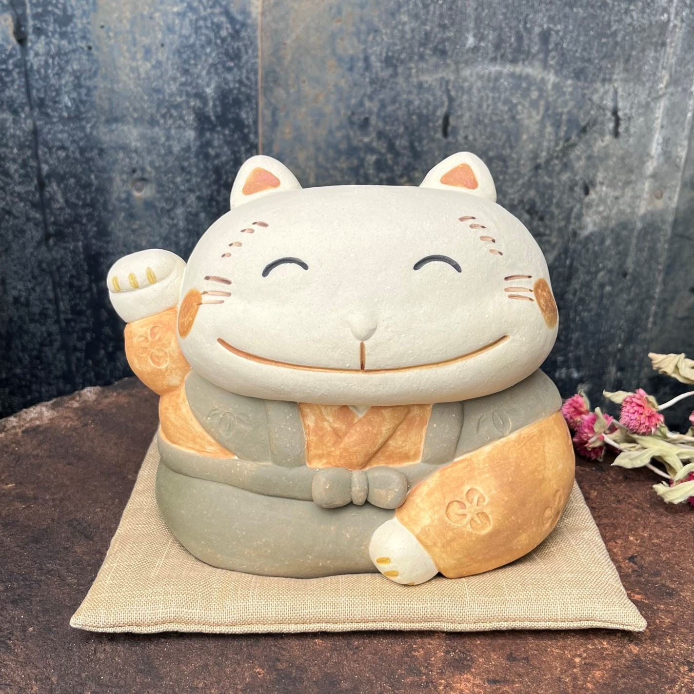 招き福助さん　座布団（中）付き　Ｏ-280　陶製/Lucky cat/招財貓/Glückliche K/भाग्यशा