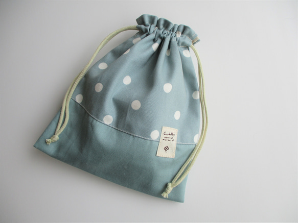 102.リネンドットの巾着袋 くすみブルー （刺繍 - 巾着の人気