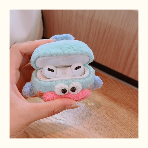 青い醜い魚☆可愛AirPods 1/2/3/pro ケースcase☆綿製手作り編織り 4枚目の画像