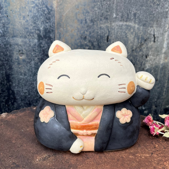 招きお多福さん　Ｏ-281　陶製/Lucky cat/招財貓/Glückliche K/भाग्यशाली बिल्ली 1枚目の画像