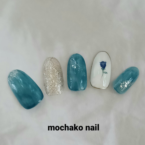 ブライダル ニュアンス ブルー 薔薇 ネイル ネイルチップ（つけ爪