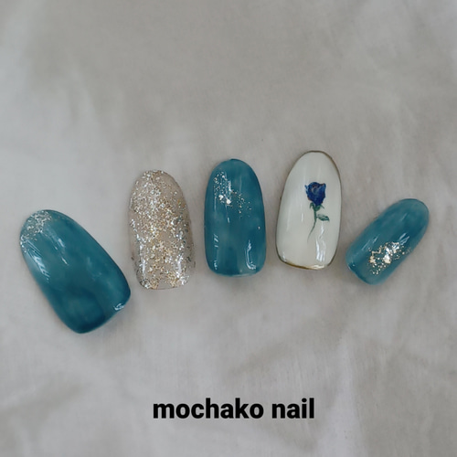 ブライダル ニュアンス ブルー 薔薇 ネイル ネイルチップ（つけ爪