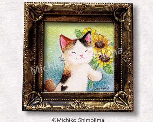 原画】『種を蒔くカドゥケウス』（猫 植物 パステル画）