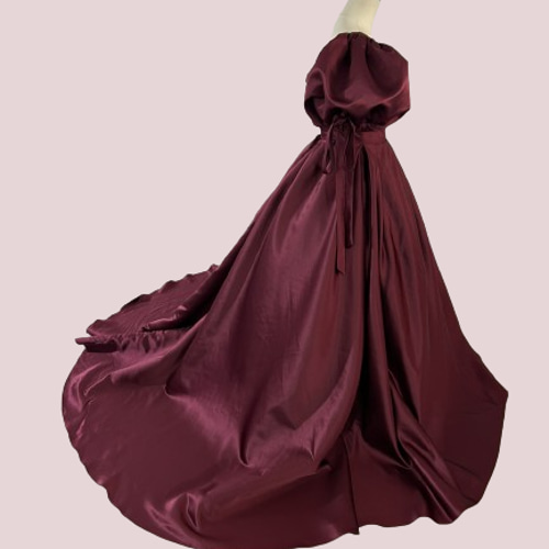 カラードレス 取り外し袖 ボルドー色 ファスナー 光沢サテン  