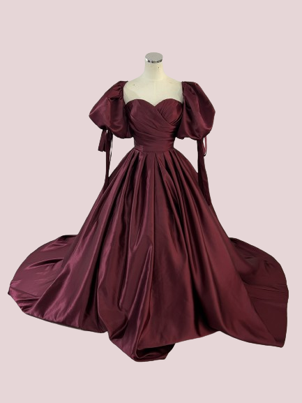 カラードレス   取り外し袖  ボルドー色  ファスナー  光沢サテン  プリンセスライン  結婚式  前撮り