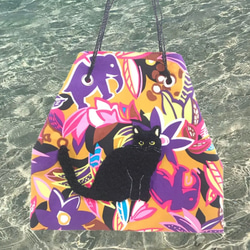 巾着バッグ　ジャングル　黒猫刺繍　象　アフリカ系　3way 猫かばん　ピンク　猫バッグ　ねこかばん　カラフル 7枚目の画像