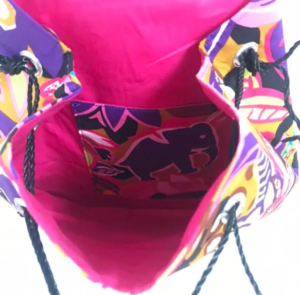 巾着バッグ　ジャングル　黒猫刺繍　象　アフリカ系　3way 猫かばん　ピンク　猫バッグ　ねこかばん　カラフル 6枚目の画像
