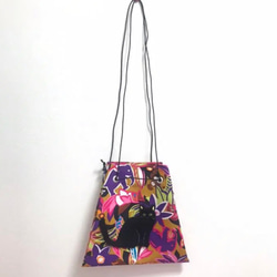 巾着バッグ　ジャングル　黒猫刺繍　象　アフリカ系　3way 猫かばん　ピンク　猫バッグ　ねこかばん　カラフル 9枚目の画像