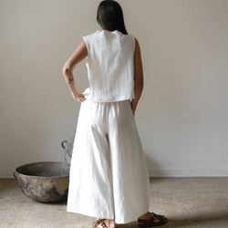 夏季 100% 亞麻裙褲加大尺寸寬褲 9/4 長度白色 第3張的照片