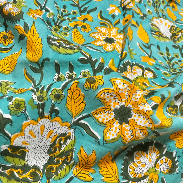 [50 公分單位] 翡翠黃花印度手工版畫布料紡織棉 第5張的照片