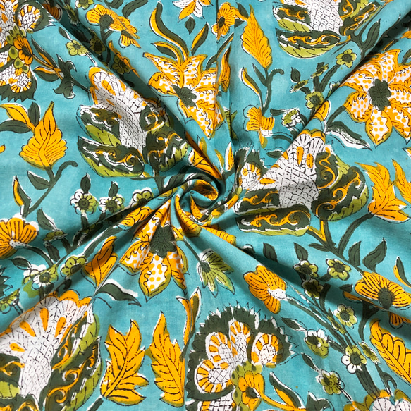[50 公分單位] 翡翠黃花印度手工版畫布料紡織棉 第1張的照片