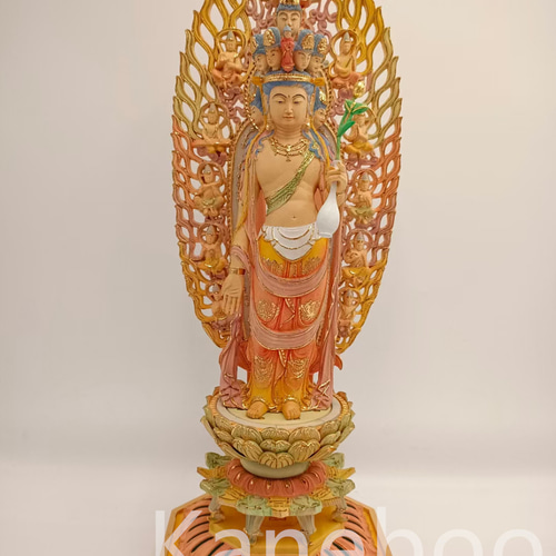 修縁堂】木彫り 仏像 持珠観音菩薩立像 本金 切金 彫刻 柘植材