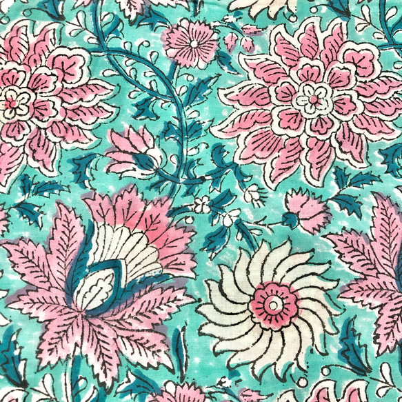 [50cm單位]淺藍色粉紅色白色印度手工塊印花布料紡織棉 第2張的照片