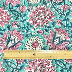 [50cm單位]淺藍色粉紅色白色印度手工塊印花布料紡織棉 第6張的照片