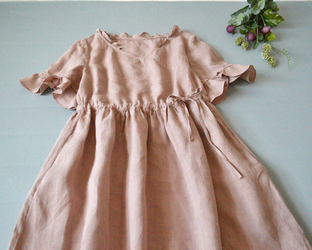 リネン100％フリル、ポケット付き大人可愛いロングワンピース♪