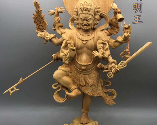 最高級 木彫仏像 烏枢瑟摩明王立像 彫刻 一刀彫 天然木檜材 仏教工芸