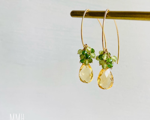 大粒　天然石ペリドットリング＆ピアス14K ペリドット リング しずく カボション 6.50ct フリーサイズ