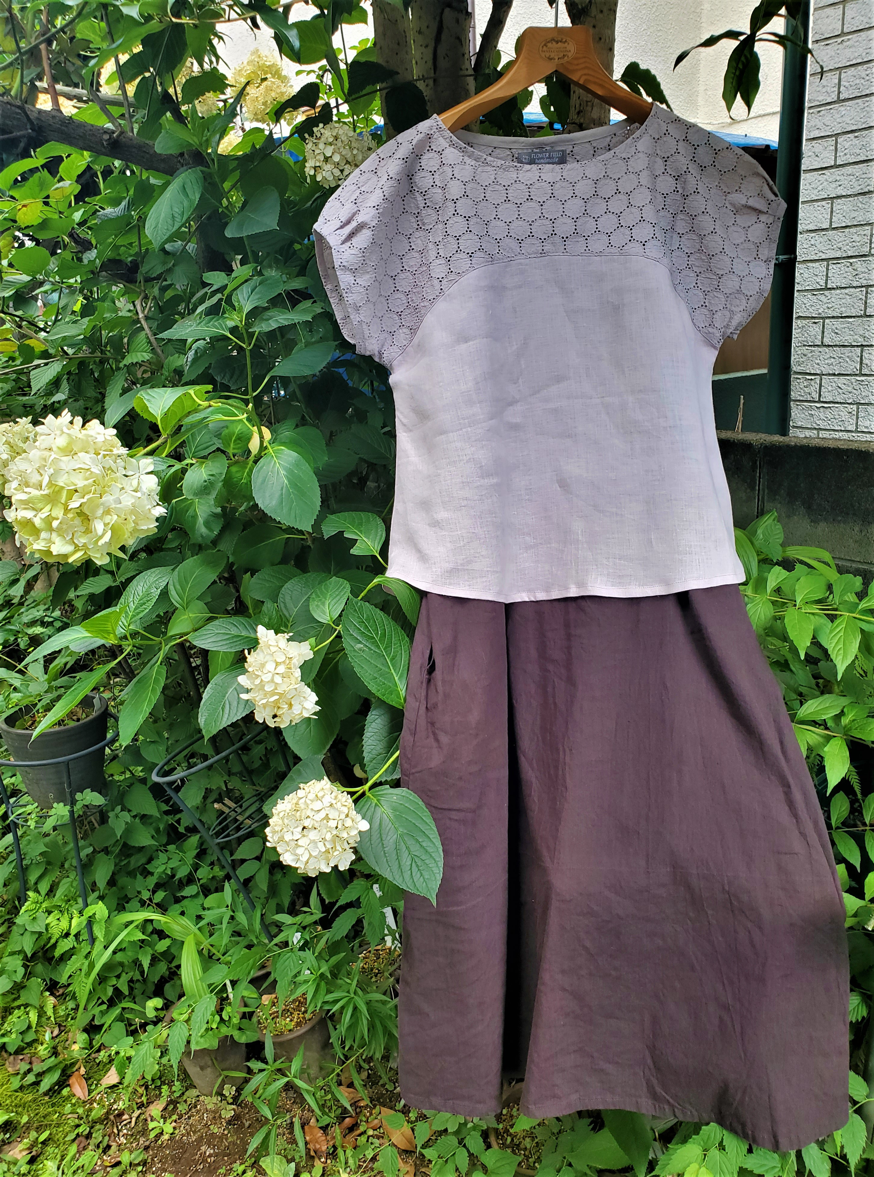 コットンローンレース×リネンの軽やかな夏ブラウス〈フレンチパフスリーブ〉【グレイッシュローズピンク】