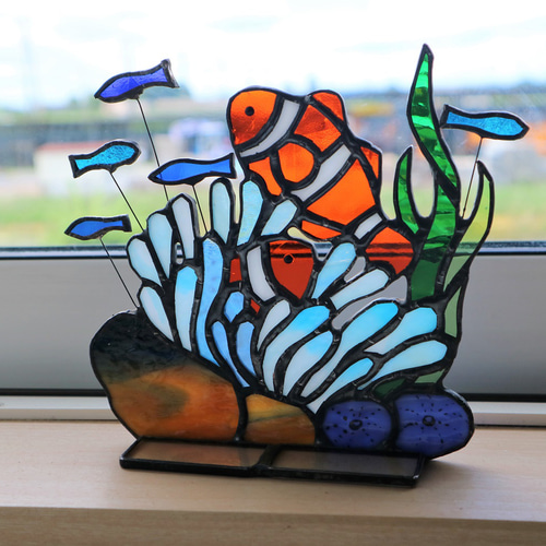 ご予約可　ステンドグラス製　ツインバードのサンキャッチャー ステンドグラスサンキャッチャー・朝顔(受注制作) サンキャッチャー