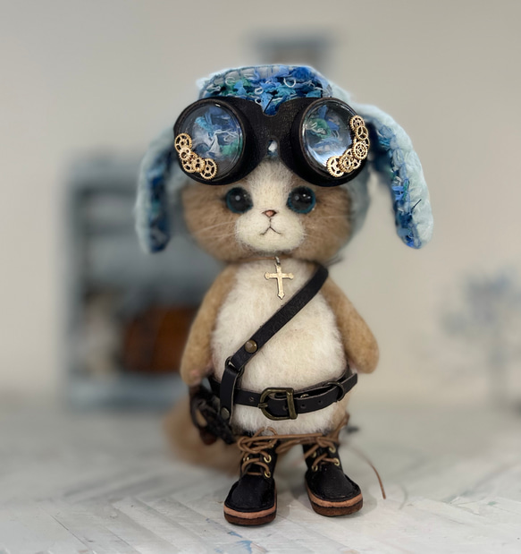 パイロット帽子のごーぐるにゃんこ ぬいぐるみ 羊毛フェルト