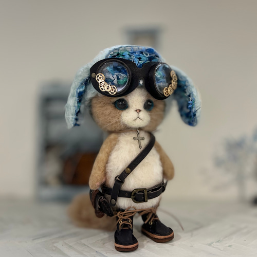 パイロット帽子のごーぐるにゃんこ ぬいぐるみ 羊毛フェルト
