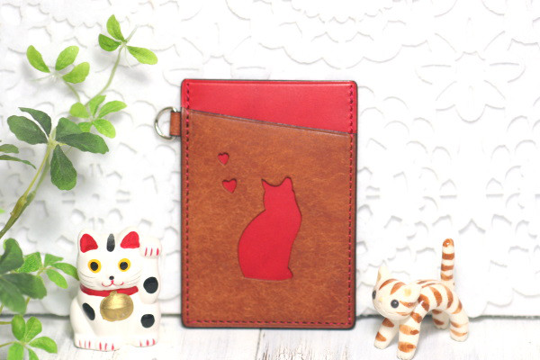 パスケース（猫・キャメル×赤）