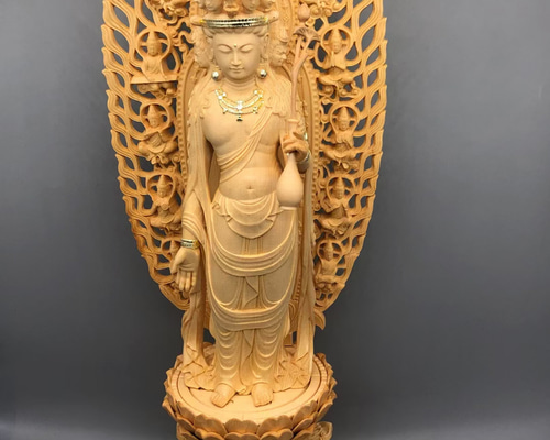 珍品 木彫り 仏像 十一面観音菩薩立像 彫刻 本金 切金 天然木檜