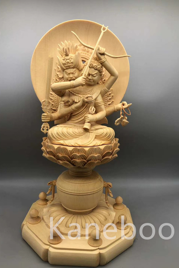最高級 木彫仏像 双頭愛染明王座像 一刀彫 天然木檜材 彫刻 仏教工芸 