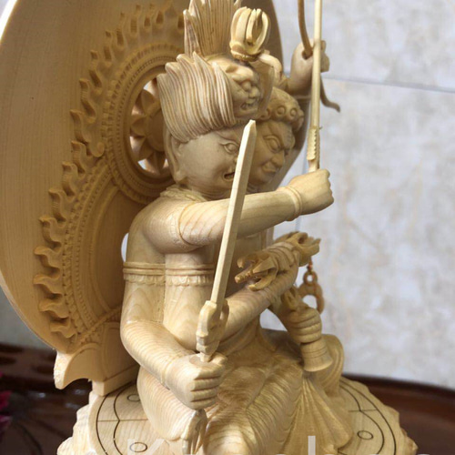 最高級 木彫り 仏像 愛染明王座像 一刀彫 天然木檜材 彫刻 仏教工芸 最高級 木彫仏像 双頭愛染明王座像 一刀彫 天然木檜材 彫刻 仏教