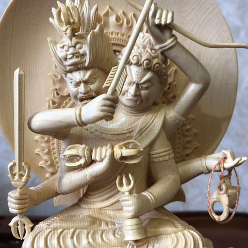 最高級 木彫り 仏像 愛染明王座像 一刀彫 天然木檜材 彫刻 仏教工芸 最高級 木彫仏像 双頭愛染明王座像 一刀彫 天然木檜材 彫刻 仏教