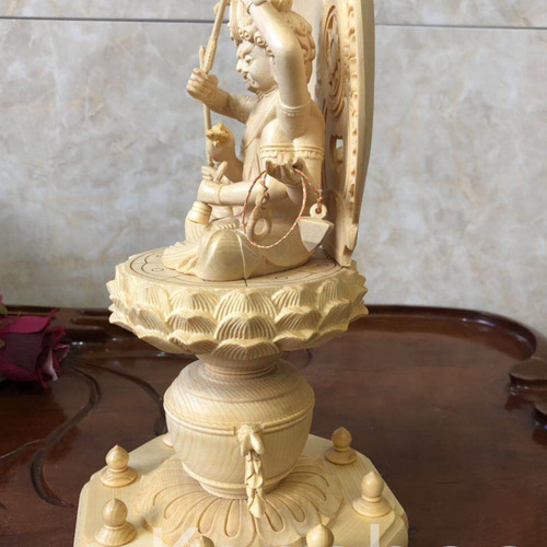 最高級 木彫り 仏像 愛染明王座像 一刀彫 天然木檜材 彫刻 仏教工芸 最高級 木彫仏像 双頭愛染明王座像 一刀彫 天然木檜材 彫刻 仏教