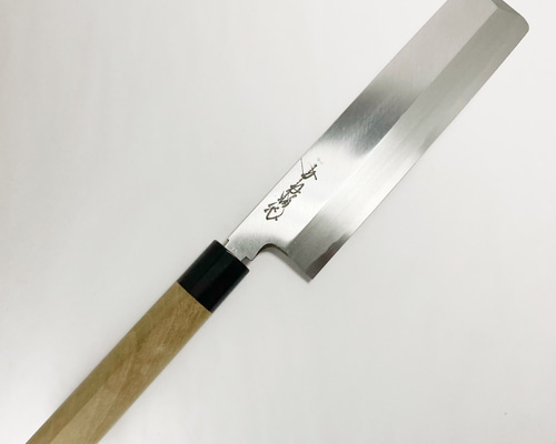 8843 鎌型薄刃 8寸 刺身包丁 刃は究極の切れ味 黒檀黒水牛角白三本巻