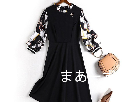 ハイウエスト 重ね着風 カジュアルワンピース レトロ ゆったり 大きいサイズの服 ハイブランド風のブローチつきワンピース