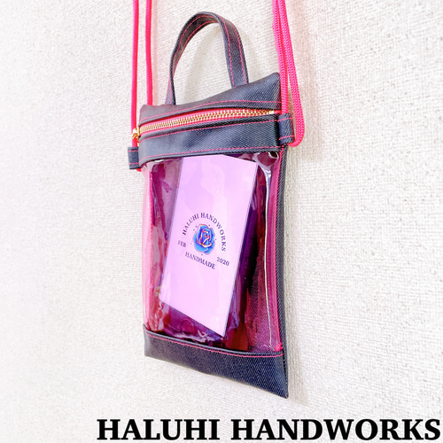 ラミネート生地×クリアPVC スマホポシェット 2Way ショルダーバッグ