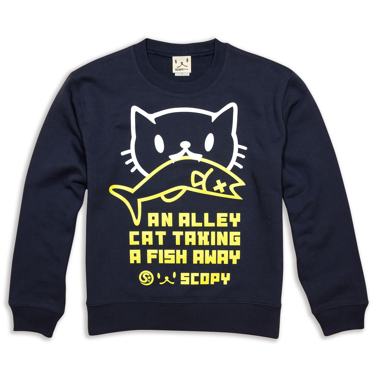 SCOPYトレーナー「お魚くわえたどらねこさん」 ネイビー×イエロー