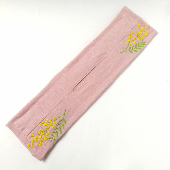 ミモザの刺繍入りくすみピンクのデフトバン 3枚目の画像