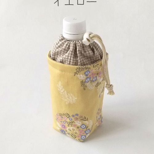 ハンドメイド　巾着袋　ペットボトルカバー 保冷＊300～350ml用ペットボトルカバー＊巾着タイプ＊格子柄