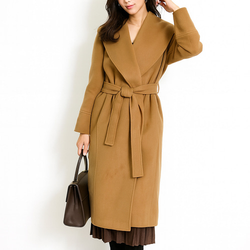 ウールコート レディース ビッグカラー ベルト付き 総裏地 ウール100