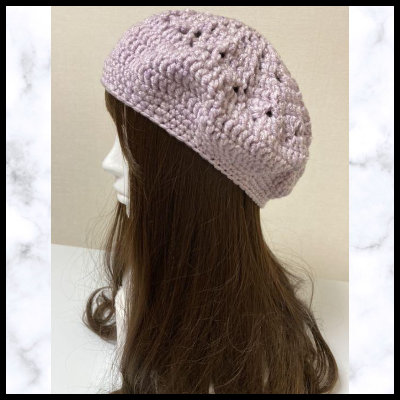 ニット帽　ラベンダー　手編み　ベレー帽　1年中着用できる　かわいい　お花の模様