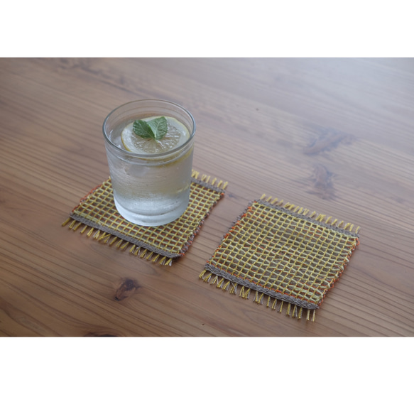 昭和レトロカラーの手織りコースター　2枚1セット 4枚目の画像